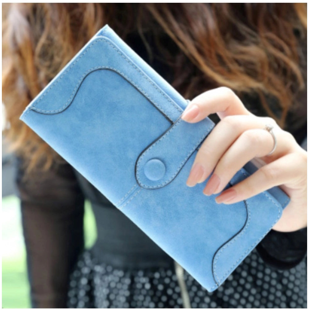 Blue faux leather medium wallet with snap button closure, solid design for women's fashion accessories