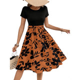 Orange, short sleeve, round neck, knit print dress