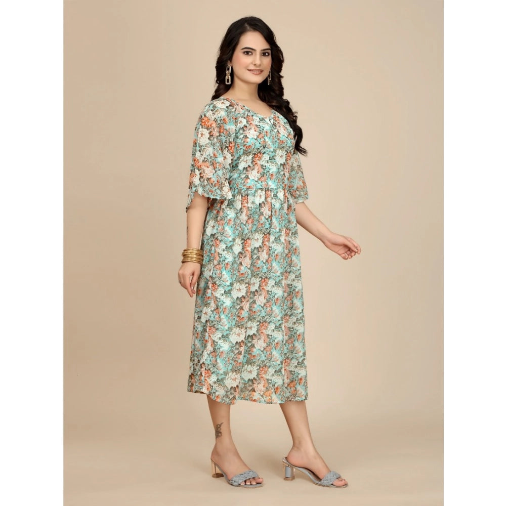 Multicolor georgette printed round neck short sleeve dress for women, below knee length