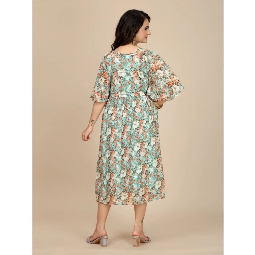 Multicolor Georgette printed round neck short sleeve dress for women, featuring intricate patterns on below knee length design