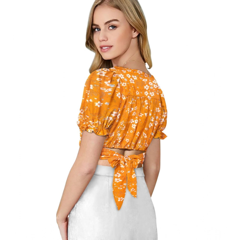 Yellow knitted v-neck puff sleeve top with printed design, ideal for casual wear