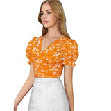 Yellow knitting printed V-neck puff sleeve top for women's fashion, close-up view