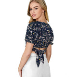 Navy blue knitted puff sleeve V-neck top