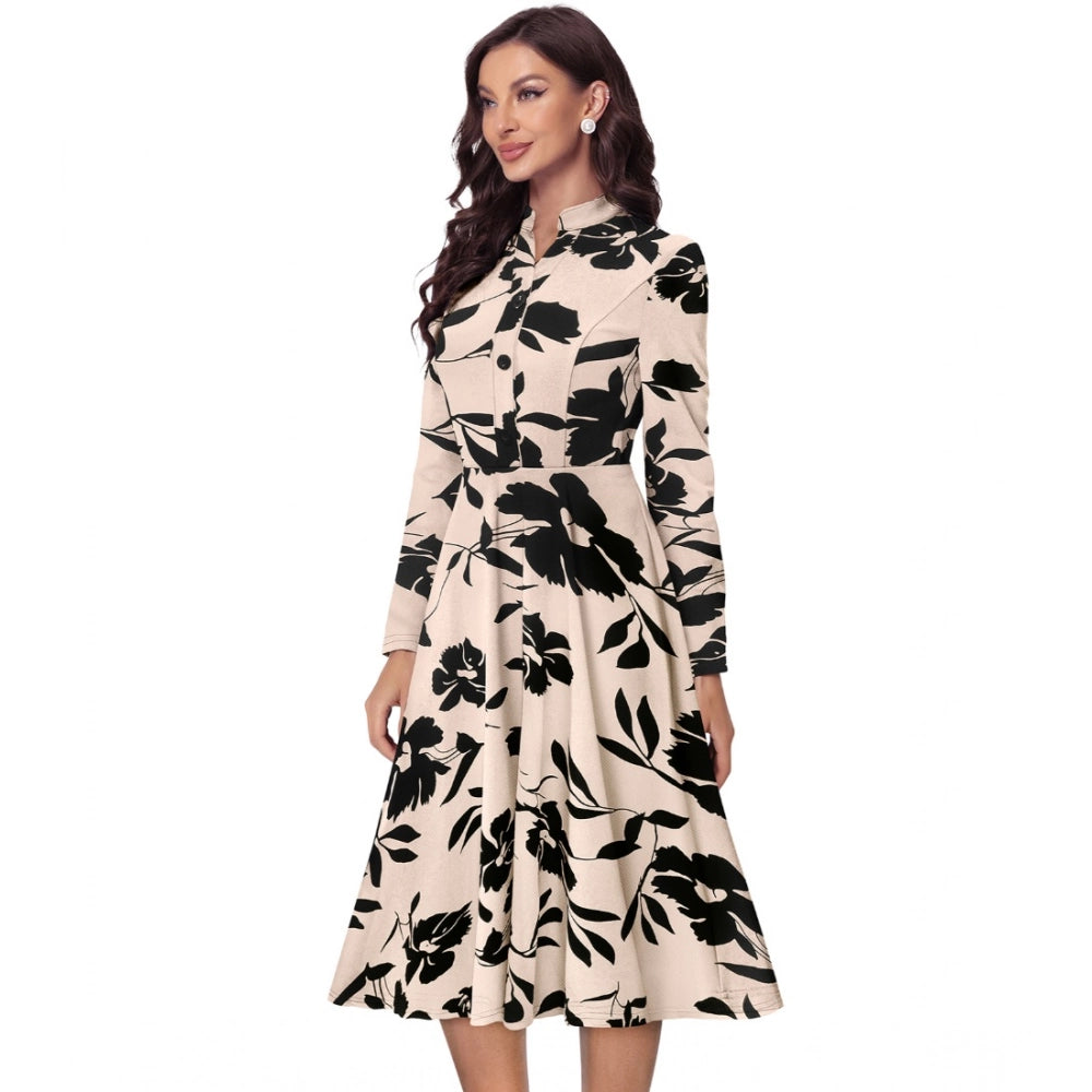 Cream printed v-neck long sleeve dress with full skirt