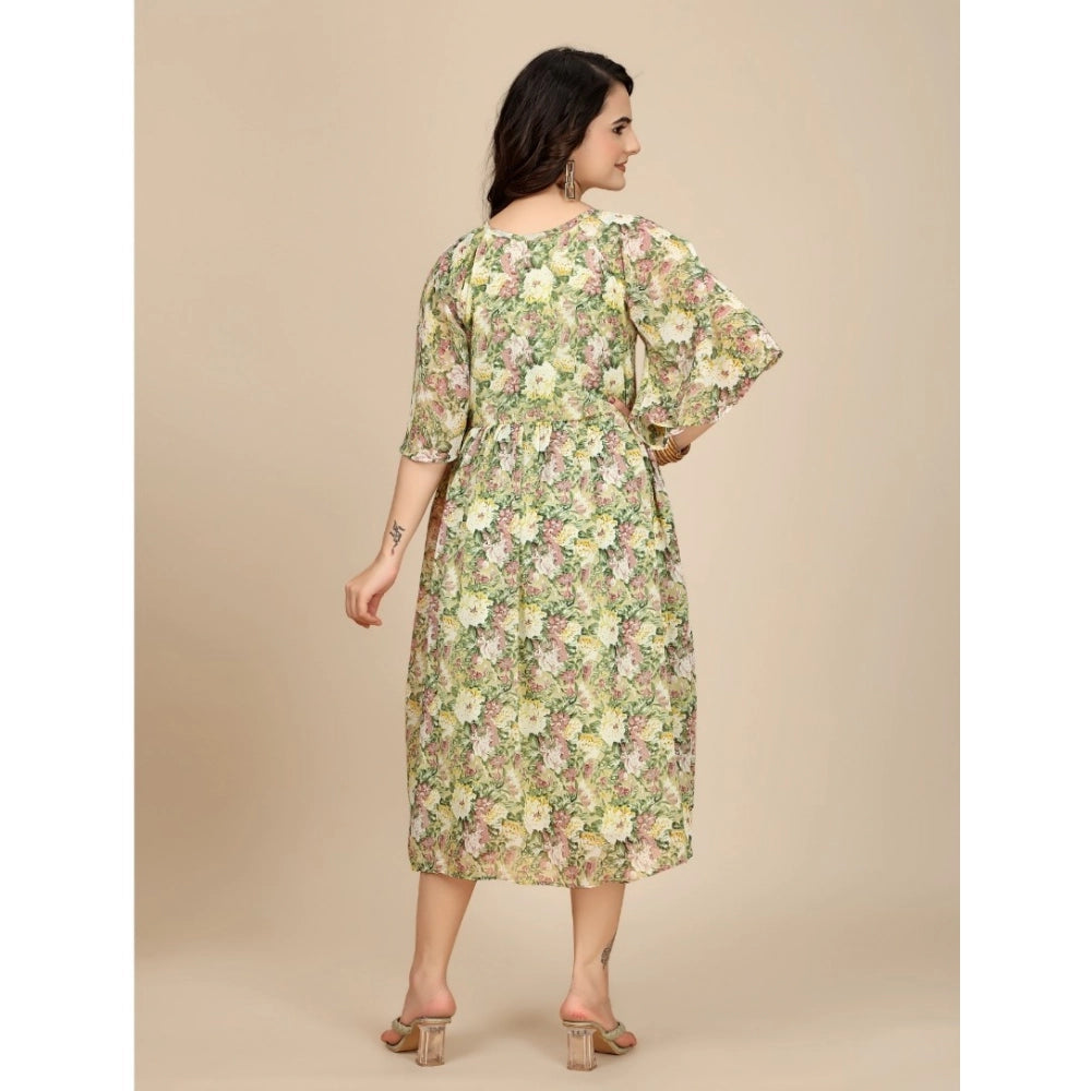 Women's green short sleeve round neck dress with floral print
