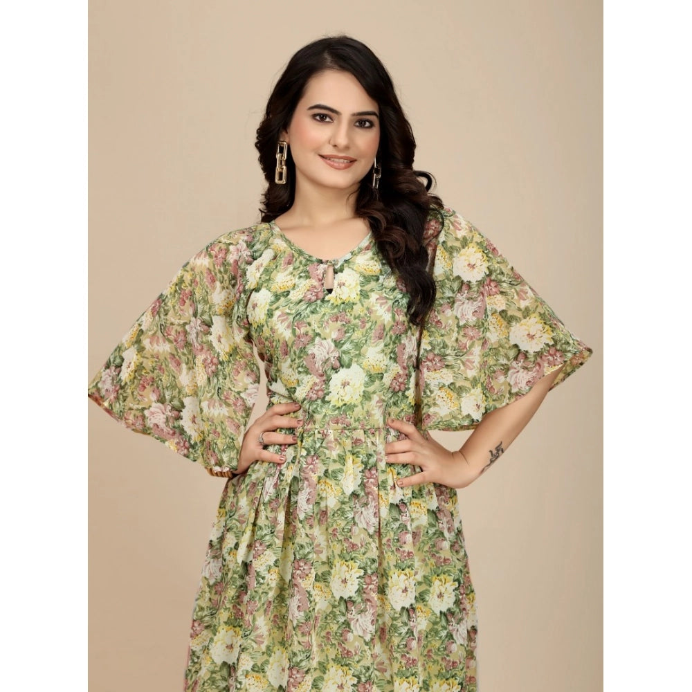 Women's round neck short sleeve dress in green georgette print