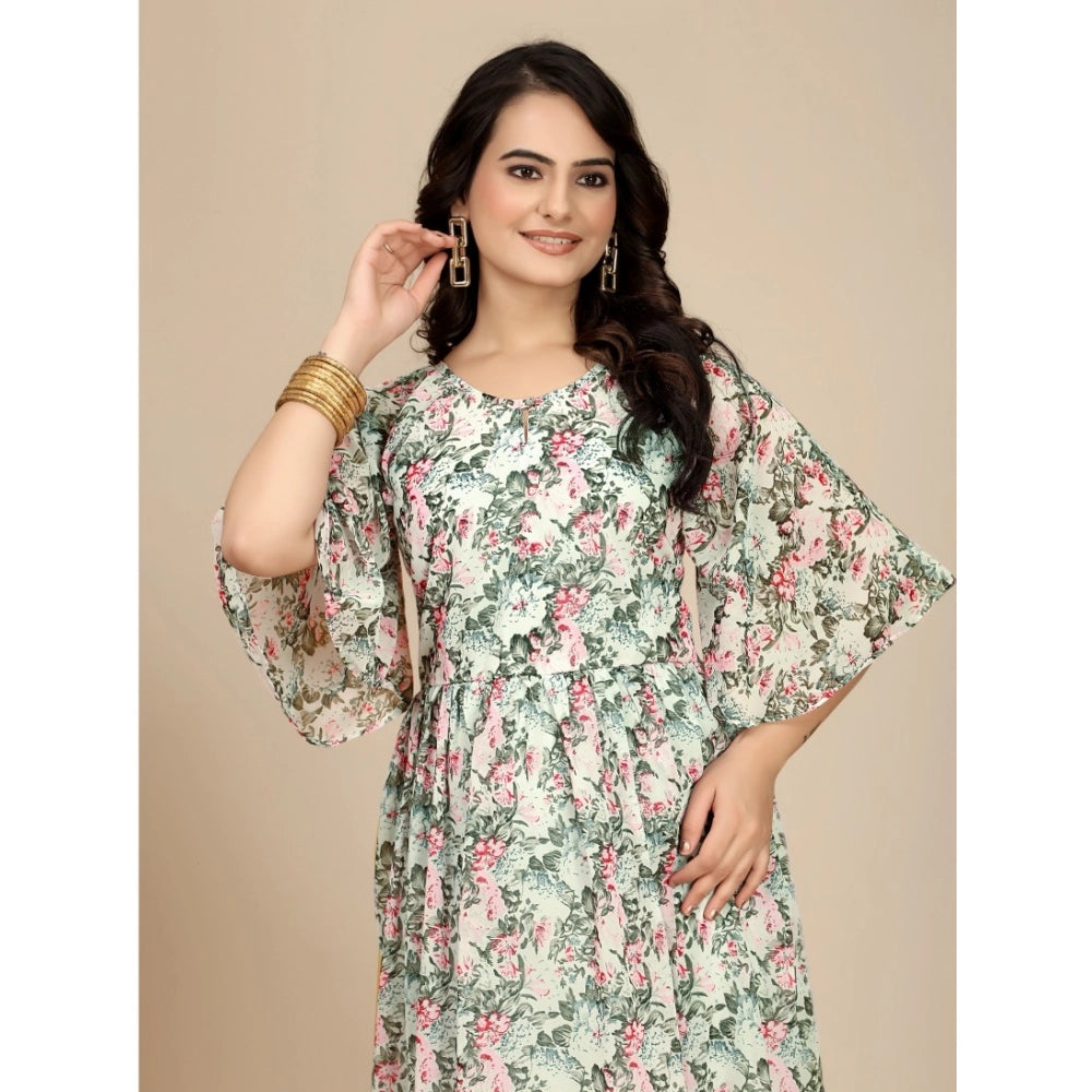 Women's round neck short sleeve dress in pink georgette print