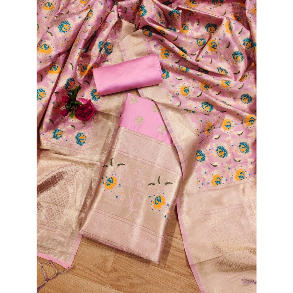 Pink Banarasi silk printed unstitched salwar suit set (3m) with matching dupatta