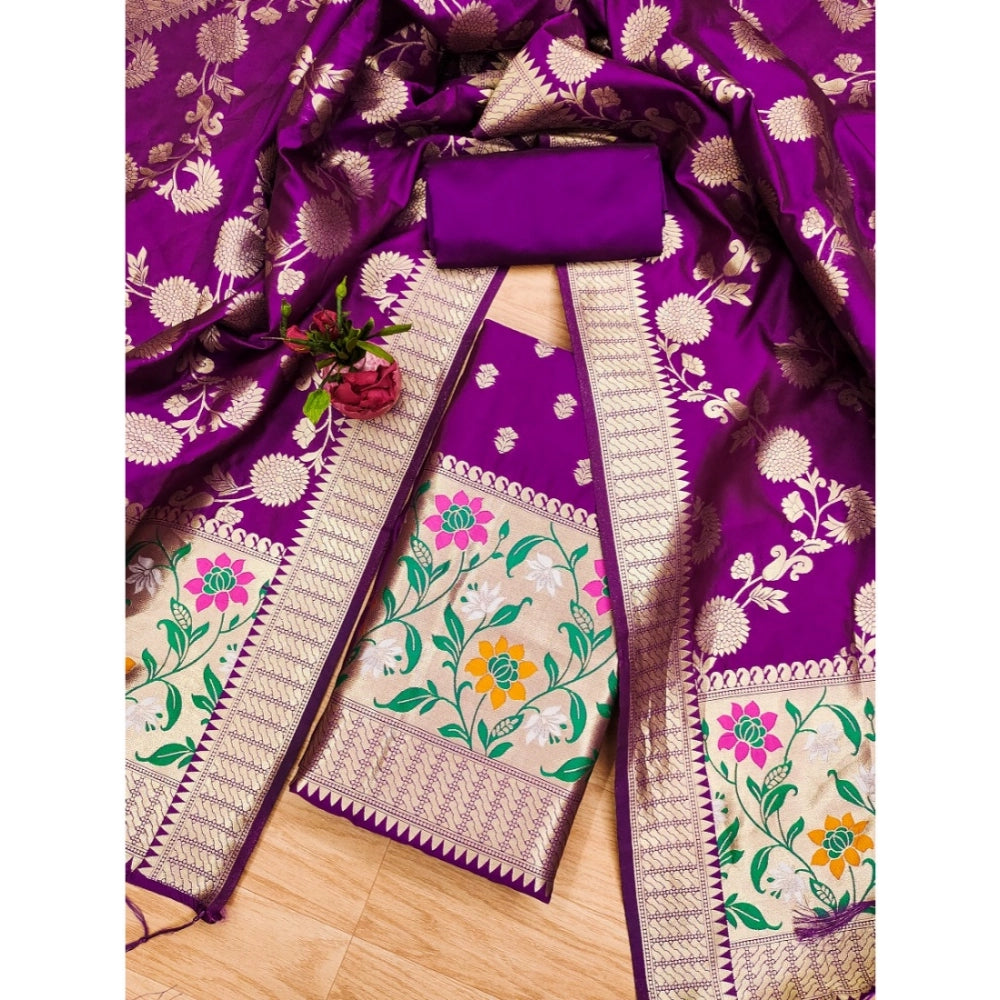 Purple Banarasi silk printed unstitched salwar suit with dupatta (3m)