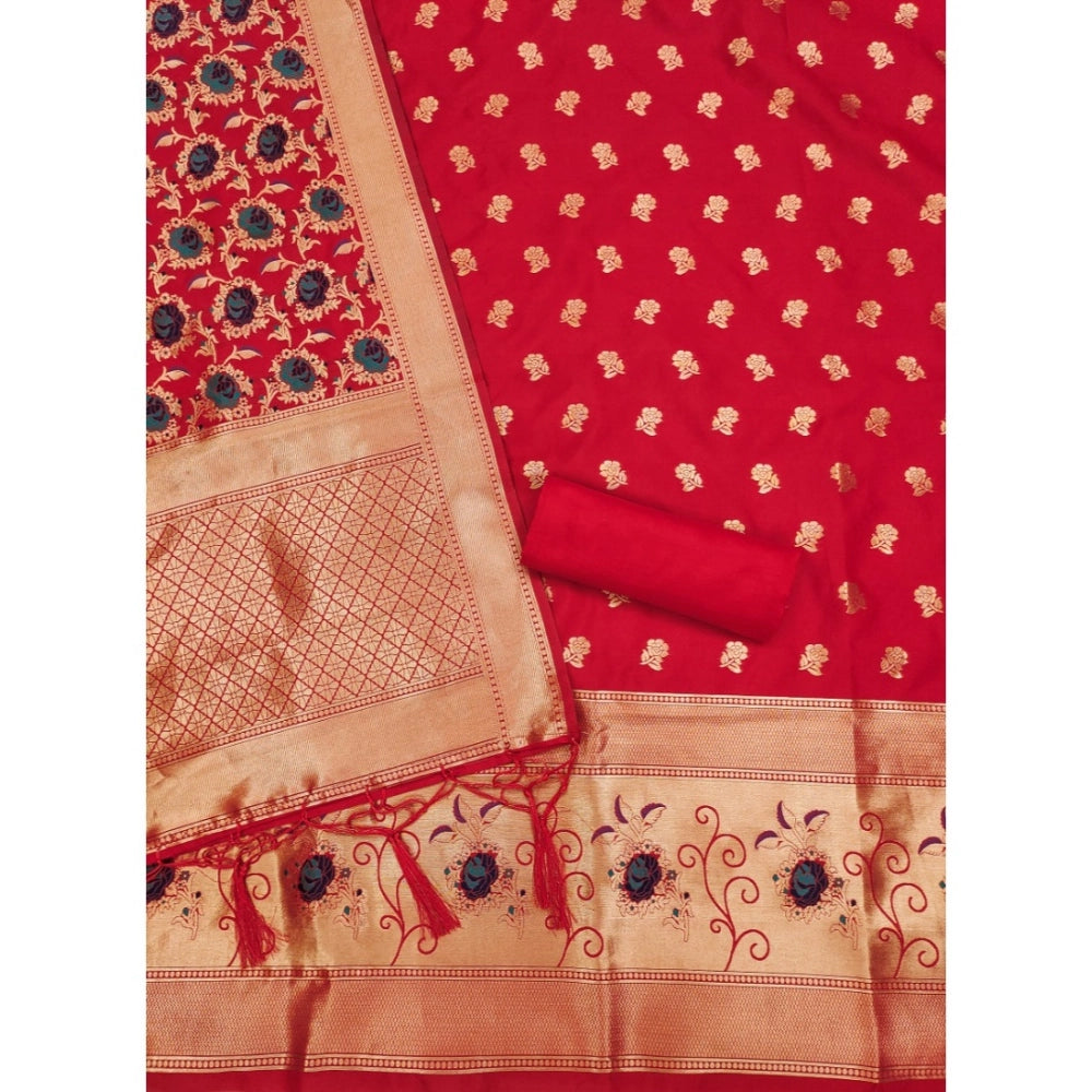 Red Banarasi silk printed unstitched salwar suit with dupatta (3m)
