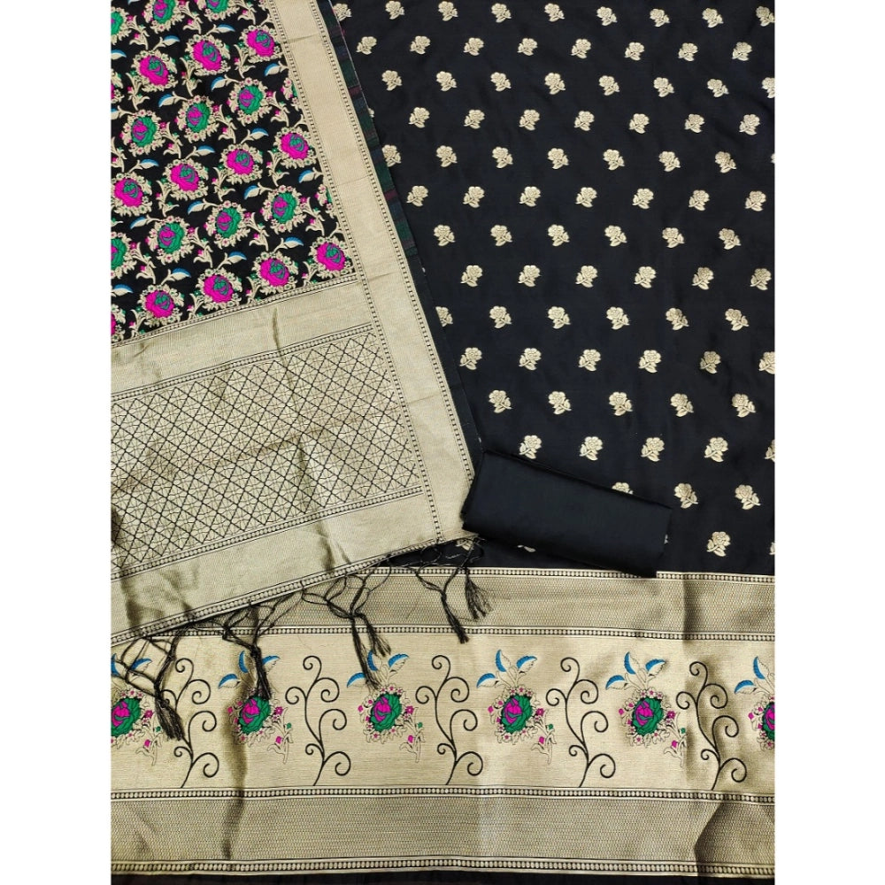 Black Banarasi Silk printed unstitched salwar suit with dupatta (3m) on hanger