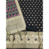 Black Banarasi Silk printed unstitched salwar suit with dupatta (3m) on hanger