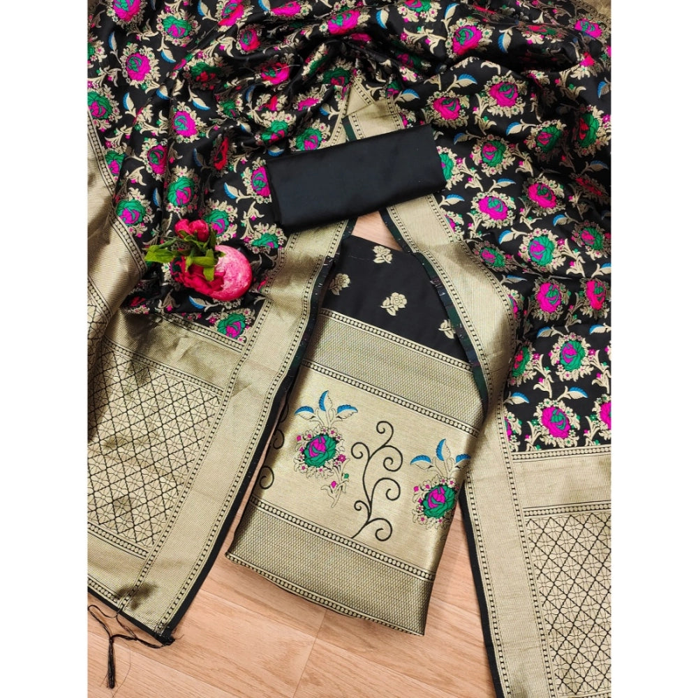 Black Banarasi Silk printed unstitched salwar suit with dupatta (3m) on mannequin