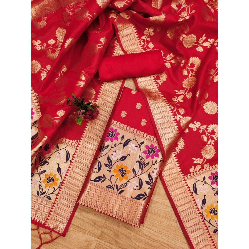 Red Banarasi silk printed unstitched salwar suit & dupatta (3m)