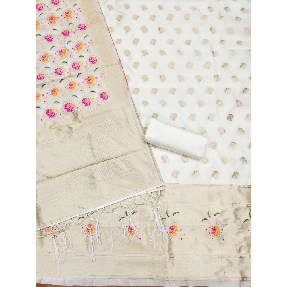 White Banarasi Silk printed unstitched salwar suit with dupatta (3m) on mannequin