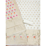 White Banarasi Silk printed unstitched salwar suit with dupatta (3m) on mannequin