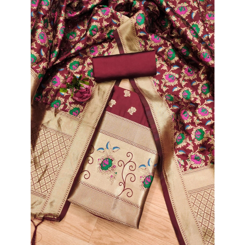 Maroon Banarasi silk printed unstitched salwar suit with dupatta (3m)