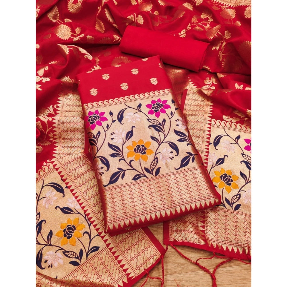 Red Banarasi silk printed unstitched salwar suit with dupatta (3mtrs), ideal for traditional Indian fashion
