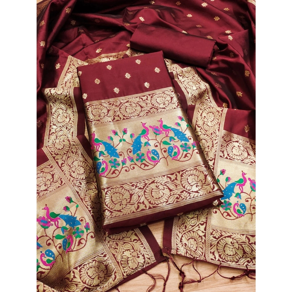 Maroon Banarasi silk printed unstitched salwar suit with dupatta (3m)