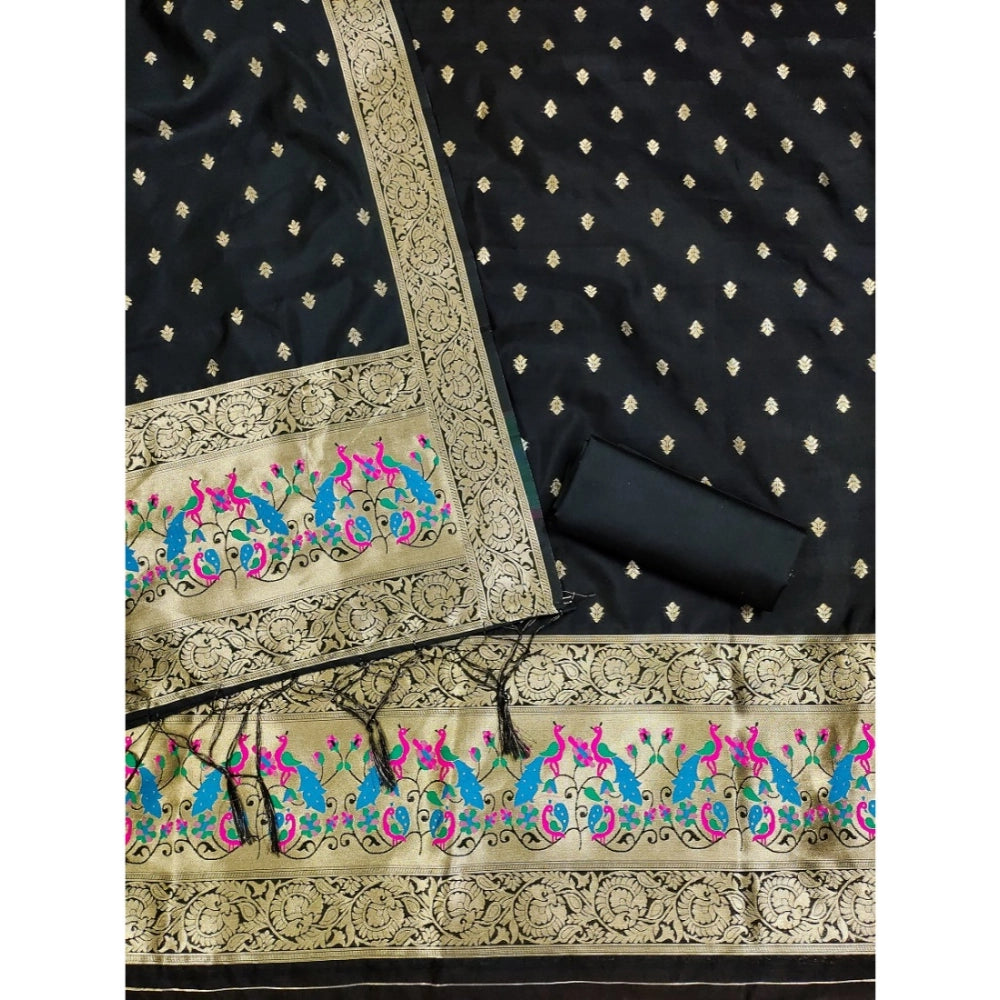 Black Banarasi Silk printed unstitched salwar suit set with dupatta (3m) on mannequin