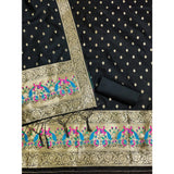 Black Banarasi Silk printed unstitched salwar suit set with dupatta (3m) on mannequin