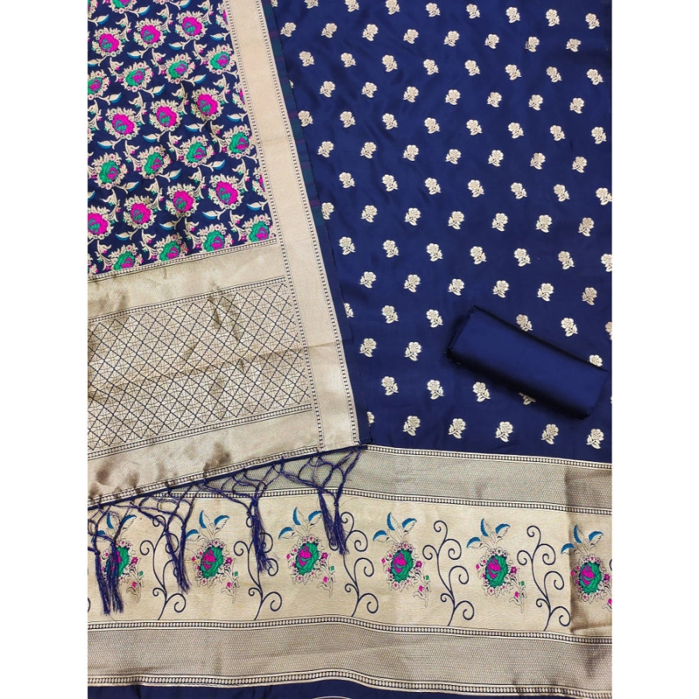 Navy blue Banarasi silk printed unstitched salwar suit with dupatta (3m), perfect for traditional Indian wear
