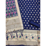 Navy blue Banarasi silk printed unstitched salwar suit with dupatta (3m), perfect for traditional Indian wear
