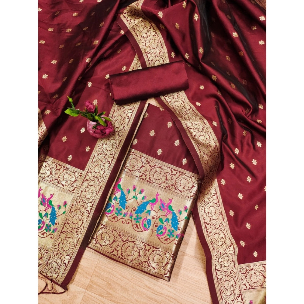 Maroon Banarasi silk printed unstitched salwar suit with dupatta, 3m length