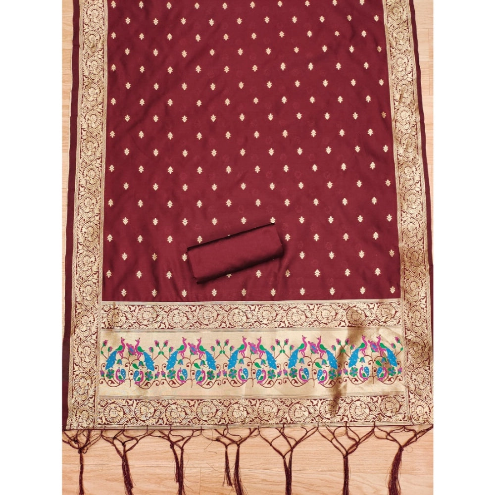 Maroon Banarasi Silk printed unstitched salwar suit with dupatta (3m) on display rack
