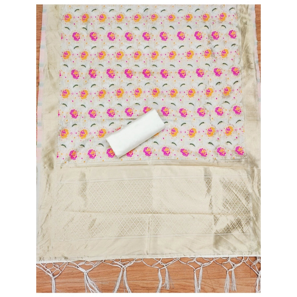 White Banarasi Silk printed unstitched salwar suit & dupatta (3m) on hanger