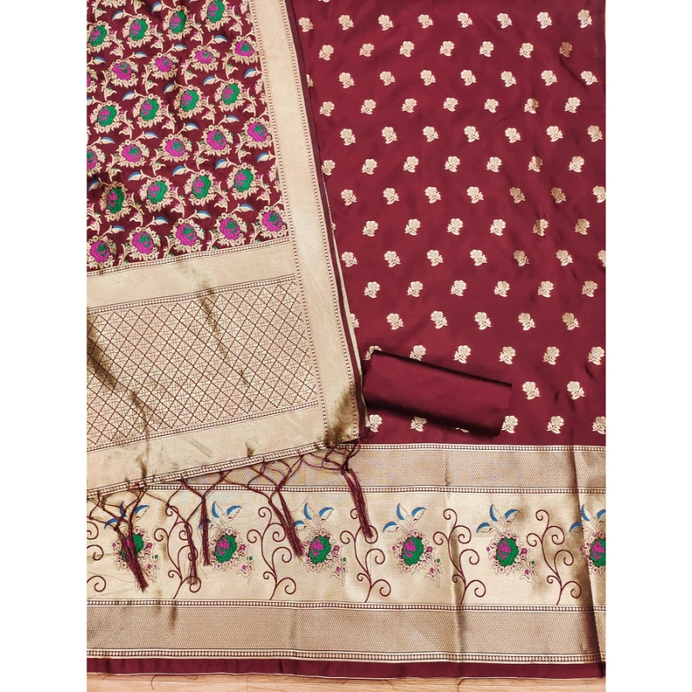 Maroon Banarasi silk printed unstitched salwar suit with dupatta (3m)