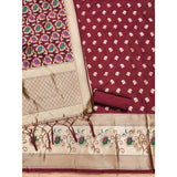 Maroon Banarasi silk printed unstitched salwar suit with dupatta (3m)