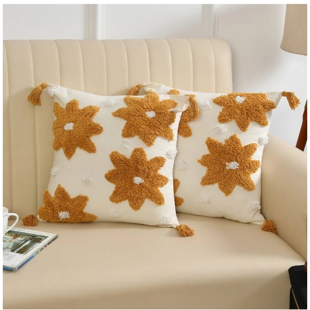 Yellow cotton tufted flower sofa pillow cover pack of 2 (16x16 inches) for living room decor
