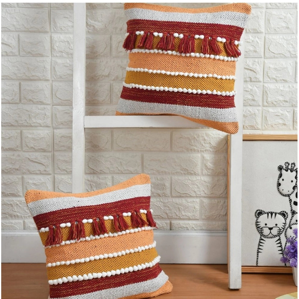Orange cotton pit loom bohemian couch cushion cover pack of 2, handcrafted for home decor
