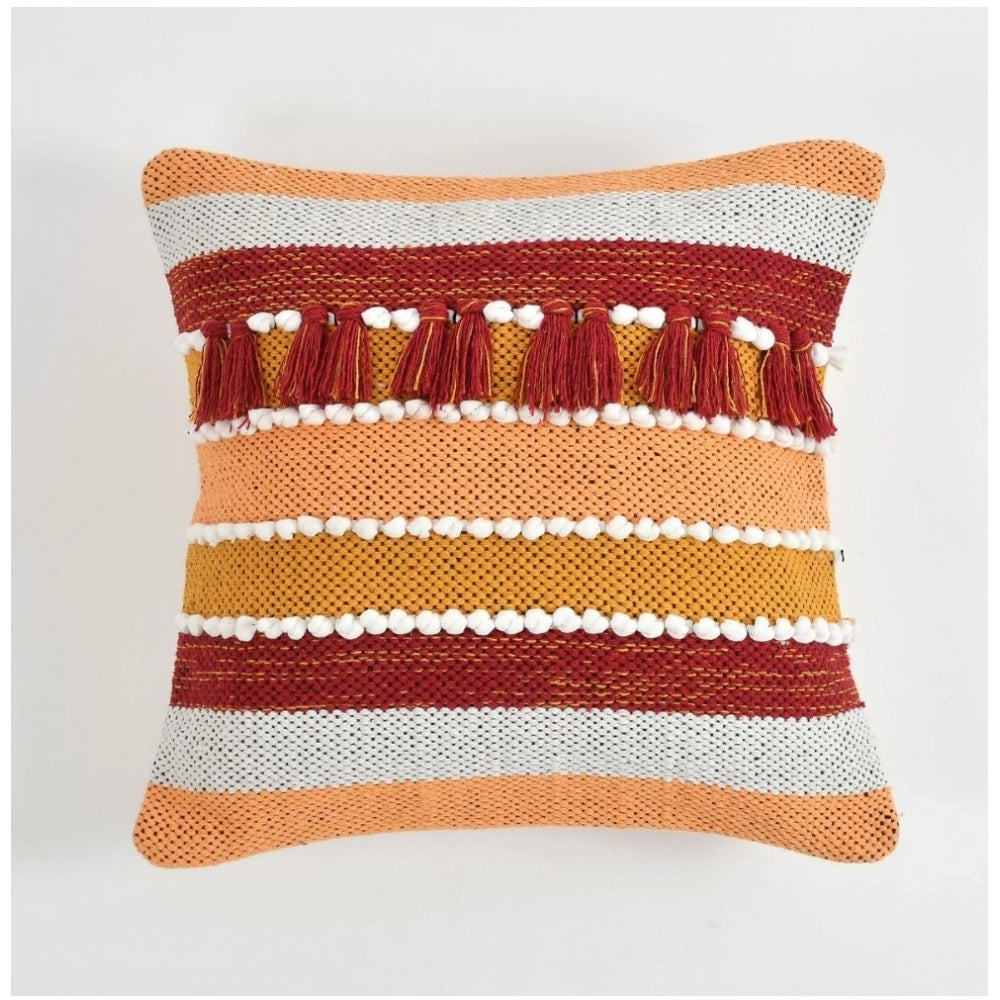 Orange cotton handcrafted pit loom boho couch cushion cover set, 16x16 inch pack of 2