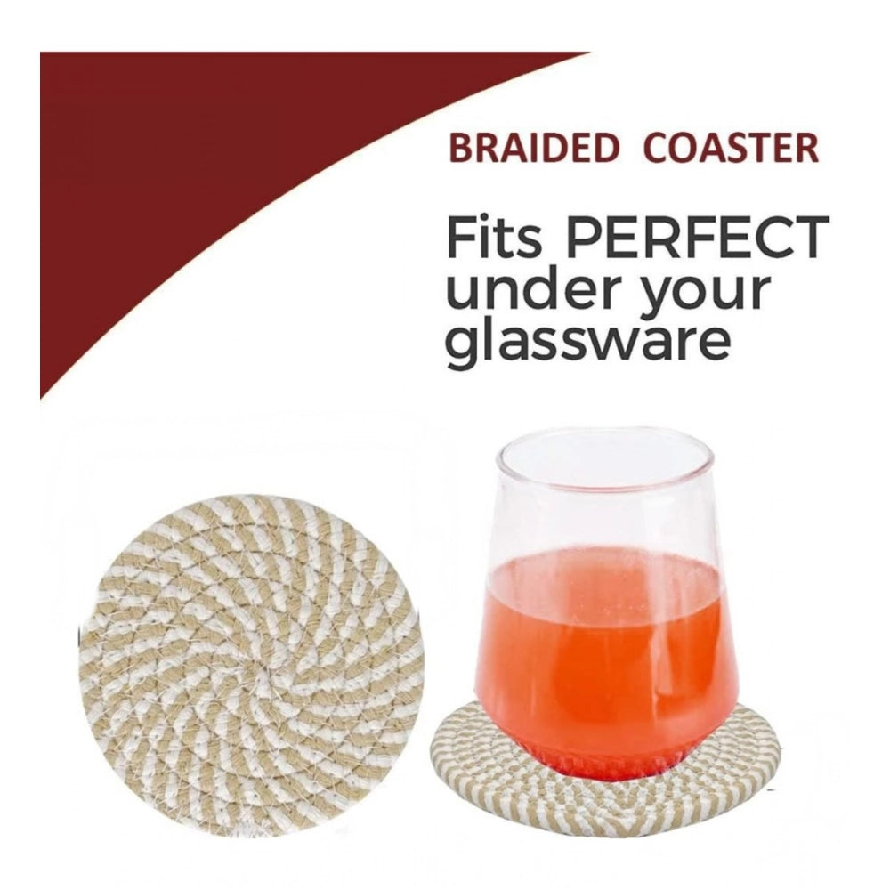 Beige-white cotton rope drink coaster set, multipurpose for tea & coffee. Set of 6 stylish mats for cups & mugs