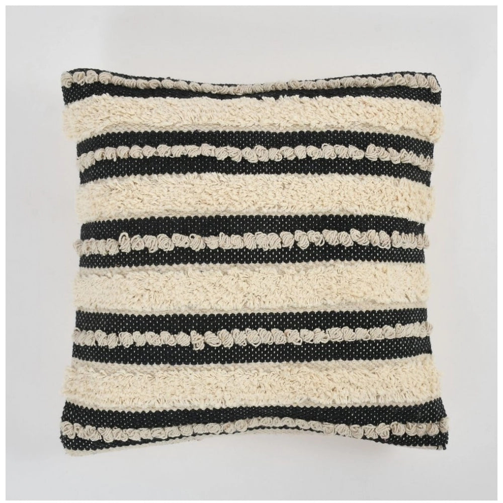 Handcrafted black & cream cotton striped cushion cover set for boho chic couch, multipurpose 16x16 inch pack of 2