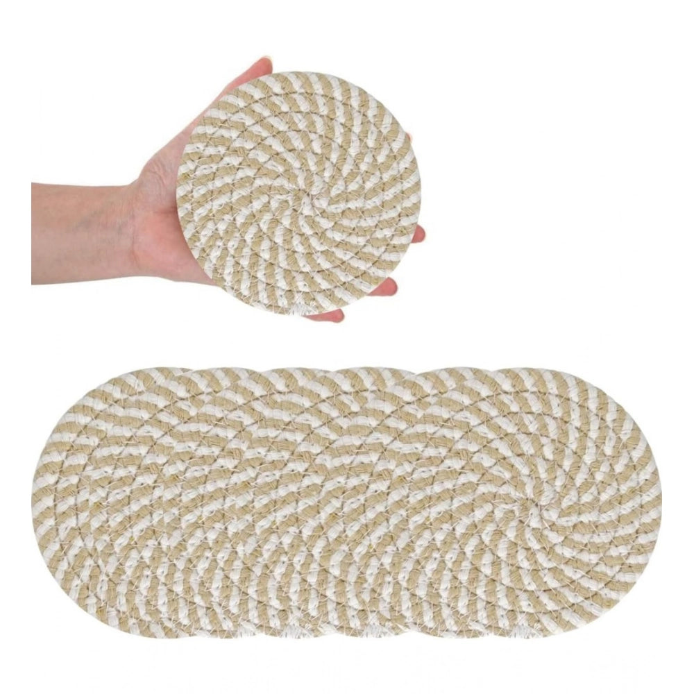 Beige white cotton rope drink coaster set, 6 pcs multipurpose for tea and coffee cups and mugs