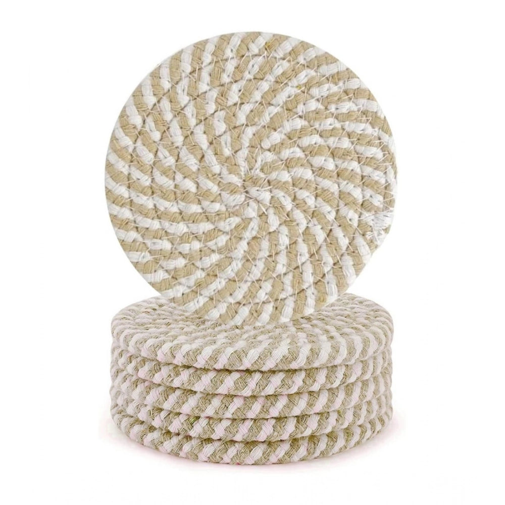 Beige white cotton rope drink coaster set, 6 pcs multipurpose for tea and coffee, stylish mats for cups and mugs