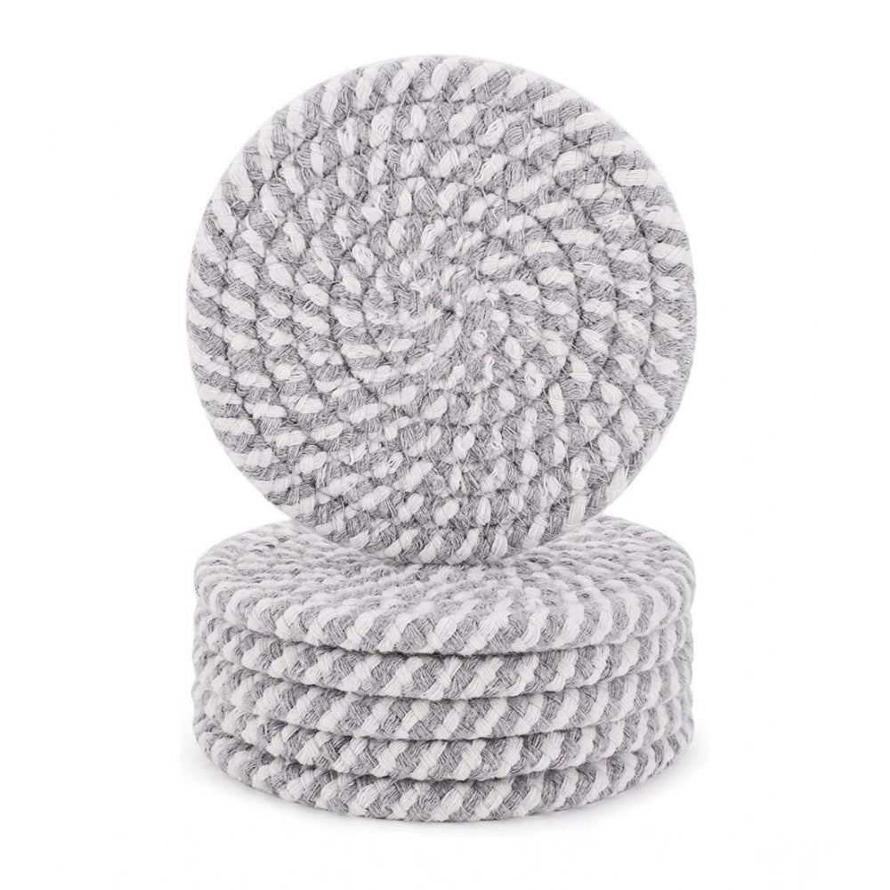 Grey White cotton drink coasters set, 6 pcs multipurpose for tea & coffee cups & mugs