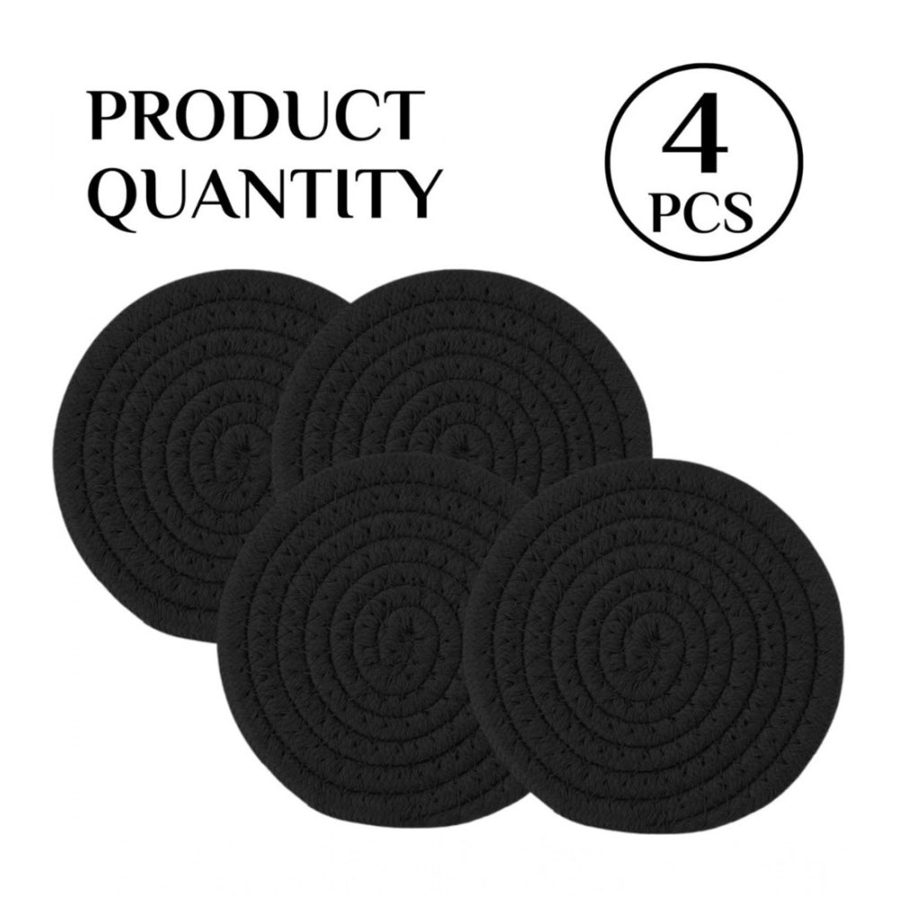 Black cotton rope drink coaster set (4 pcs) - stylish multipurpose mats for tea, coffee cups & mugs