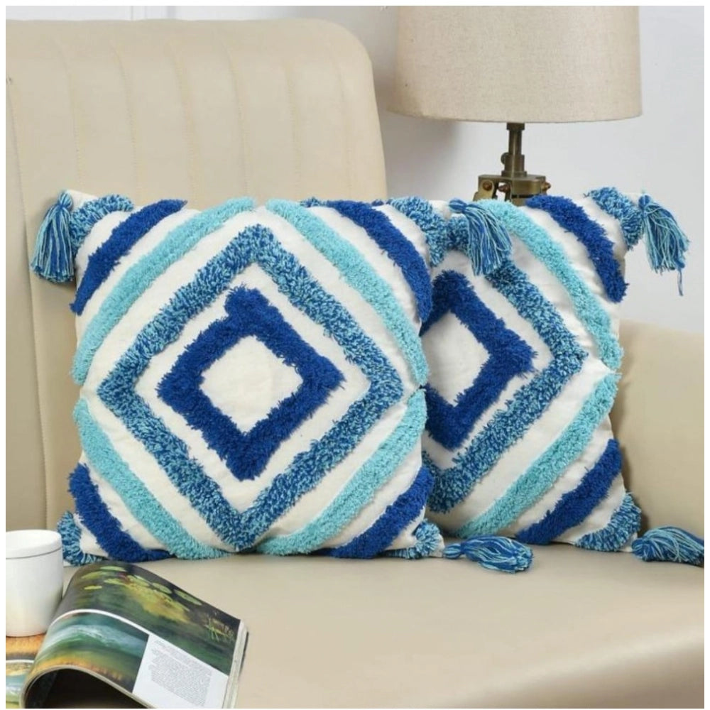 Blue cotton tufted sofa pillow cover set, perfect for living room decor