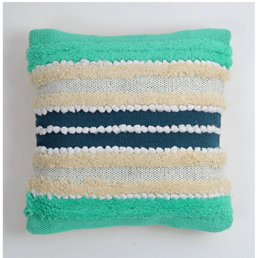 Handcrafted green and cream striped cotton cushion covers, boho style for a 16x16 inch couch