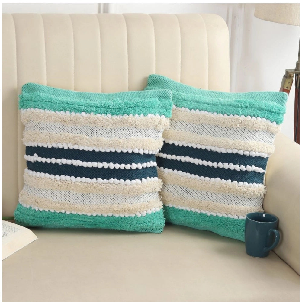 Green cream striped cotton pit loom cushion cover set, boho chic for couch decor