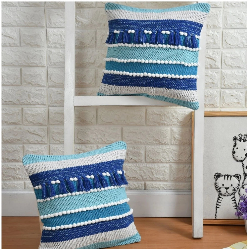 Blue handcrafted cotton pit loom cushion covers set, 2 pack for bohemian couch decor