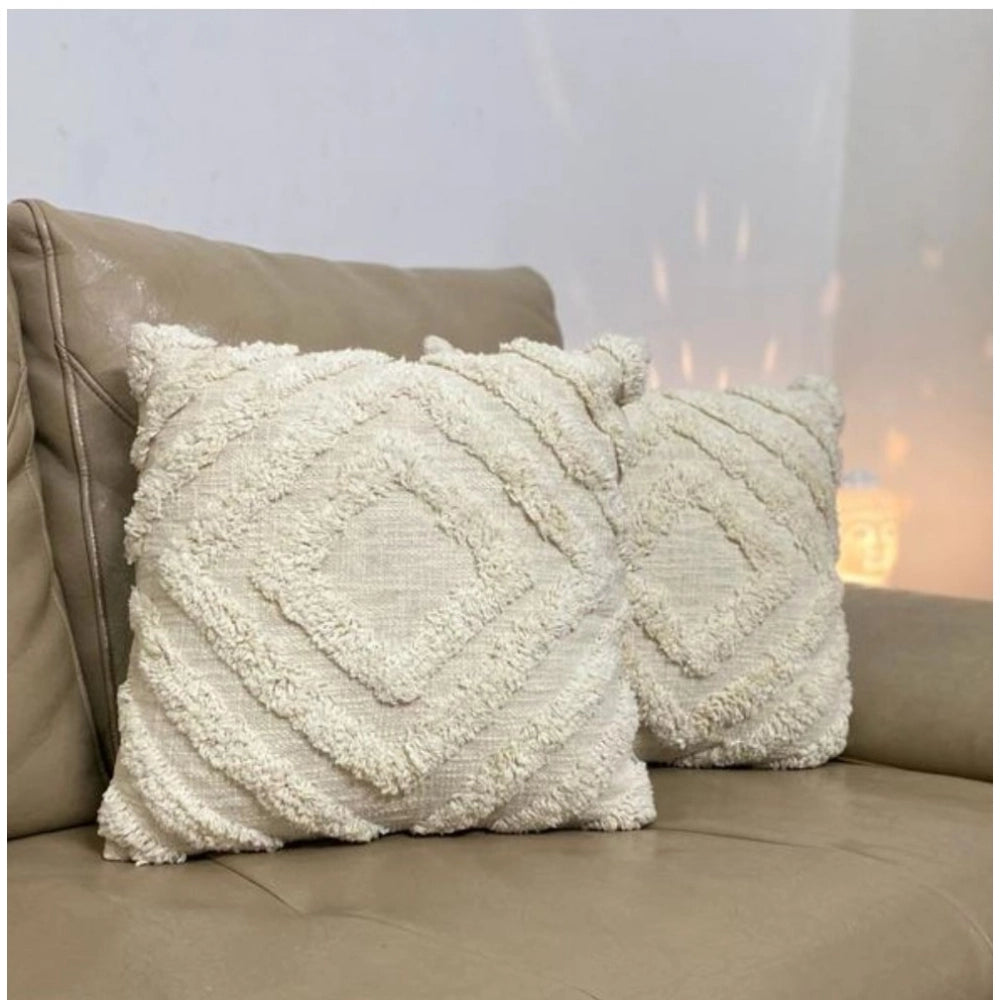 Off-white cotton tufted pillow cover set for living room sofa, pack of 2 (16x16 inch)