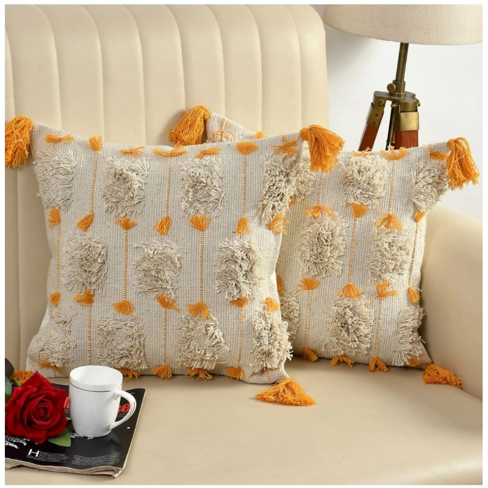 Handcrafted yellow cotton pit loom cushion cover set, boho-style for cozy seating interiors