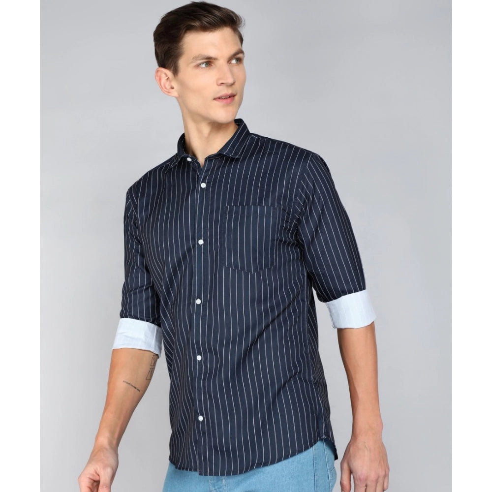 Men's Casual Viscose Rayon Striped Full Sleeve Collar Shirt (Light Blue)