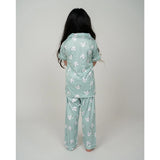 Light green silk bleand printed short sleeve night suit set for girls, collar neck and ankle length, suitable for a comfortable nightwear set