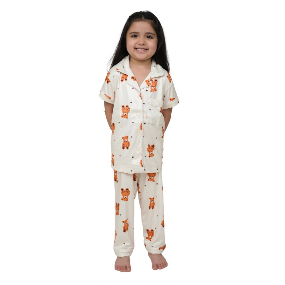 White silk bleand printed short sleeve night suit set for girls, featuring collar neck and ankle length with short sleeves